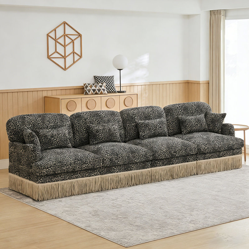 Comfy Chenille Leopard Printing Sofa,Delicate Tassel Edge,Movable Ottomans,Modern Fashion Style, khaki+4seat