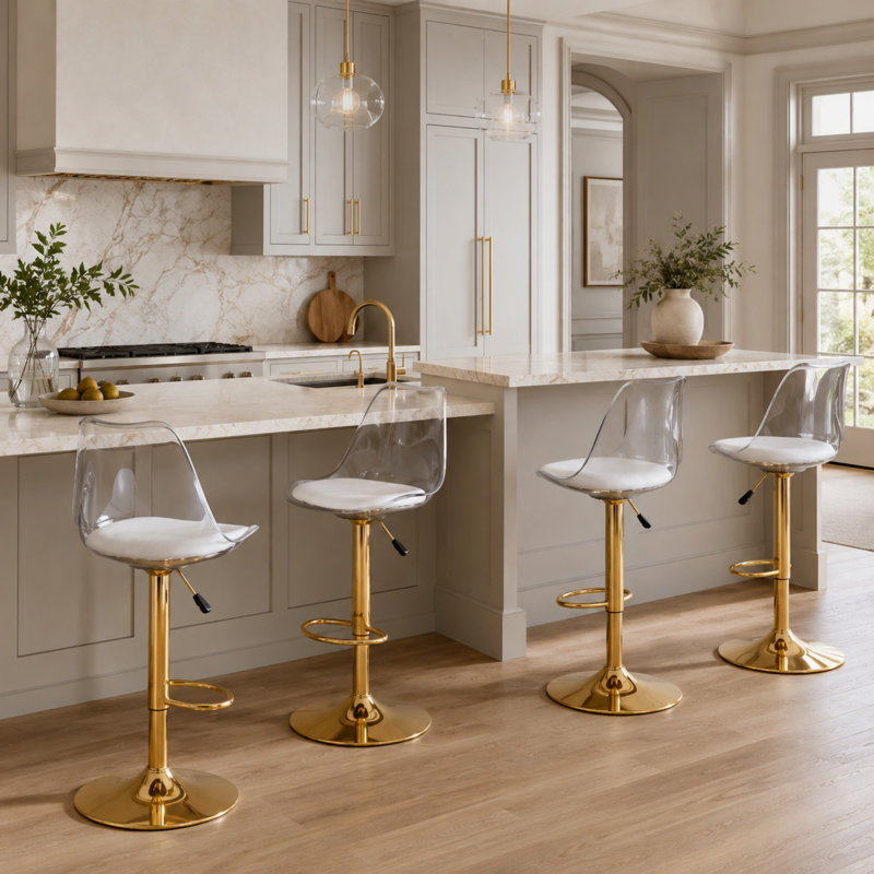 Glam Adjustable Height Bar&Counter Stool with Footrest and Faux Leather Seat, Gold
