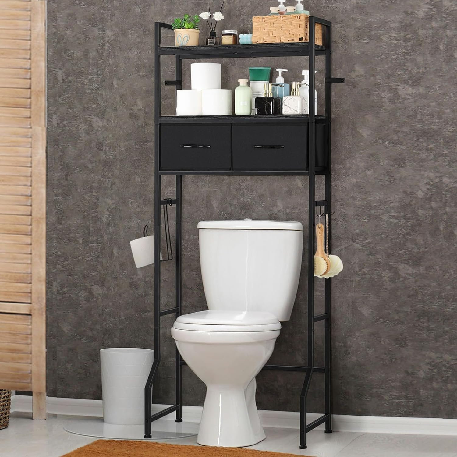 MOHOPE 2-Tier Over The Toilet Storage - Freestanding Bathroom Shelf With Fabric Drawers