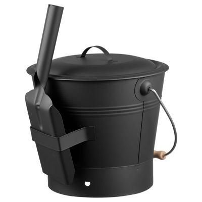 Ash Bucket, 4 PCS with Lid, Shovel, Broom and Gloves, Metal Fireplace Charcoal Bucket and Ash Can, 2.6 GAL Large Capacity for Fireplace, Fire Pits, Wood Burning Stoves, Indoor and Outdoor