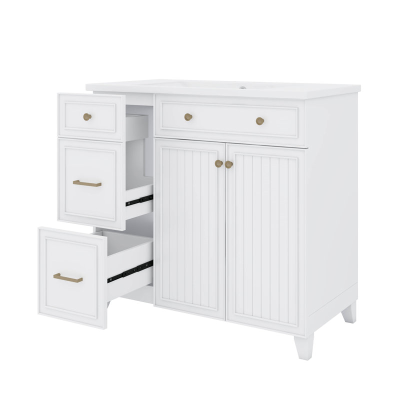 Meuble-lavabo 36 po avec lavabo en céramique, tiroir double couche et armoire de rangement à porte à fermeture en douceur avec tablette réglable