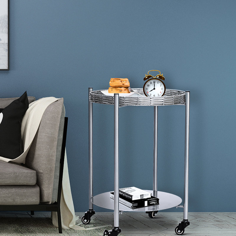 Table basse ronde à roulettes Tables d'appoint mobiles à 2 niveaux Table de chevet amovible en métal argenté pour tables de bout de salon de chambre à coucher à côté du canapé (gris argenté)