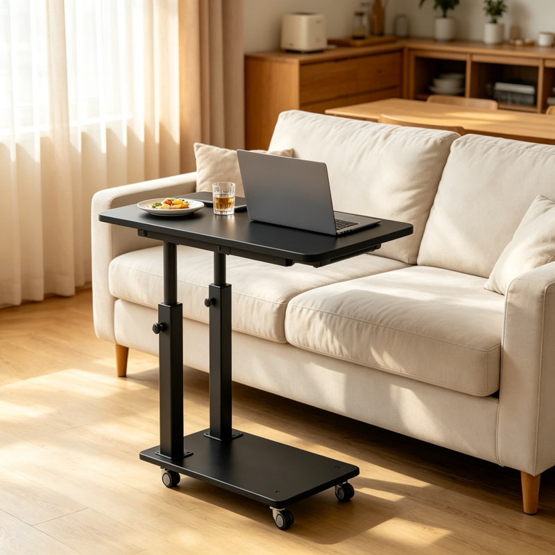 Table de bout en forme de C avec roulettes, plateau à roulettes à hauteur réglable pour canapé, lit, canapé, fauteuil inclinable, table d'appoint de salon avec rangement et base en bois massif, assemblage facile