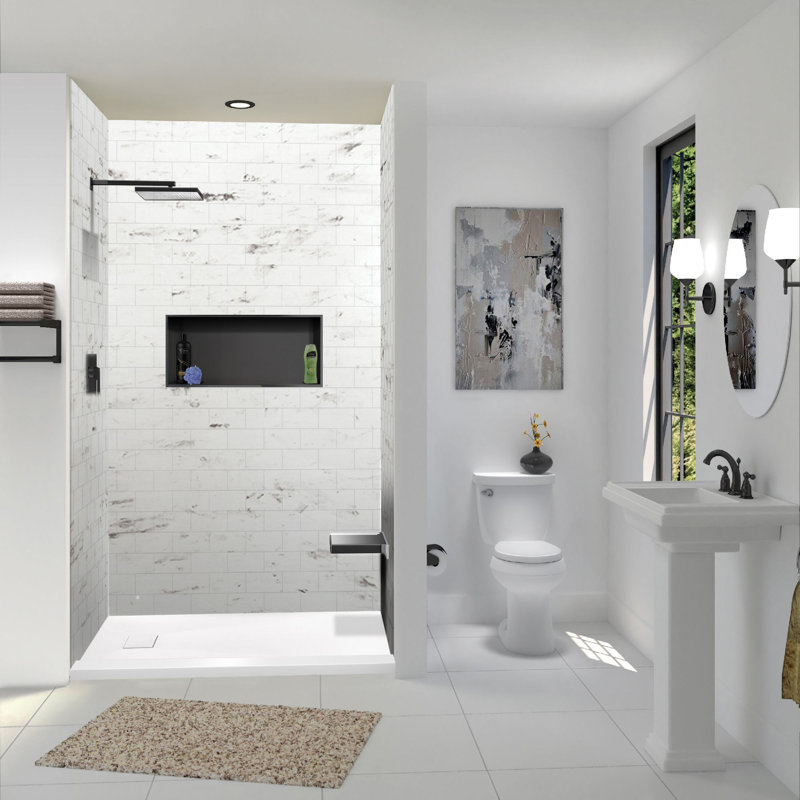 Base de douche de remplacement pour baignoire 60 po x 36 po avec seuil simple réglable et drain de bout Transolor, Blanc