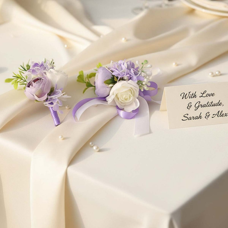 Ensemble de 2 pièces de corsage de poignet et de boutonnière de mariage, ensemble de fleurs de poignet de camélia mauve clair artificiel pour le bal des finissants