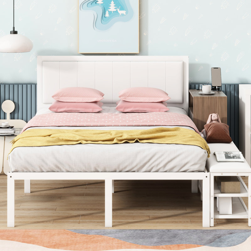 Full Metal Platform Bed With Storage, Wooden Cabinet, In White Hue Fashionable Look, White