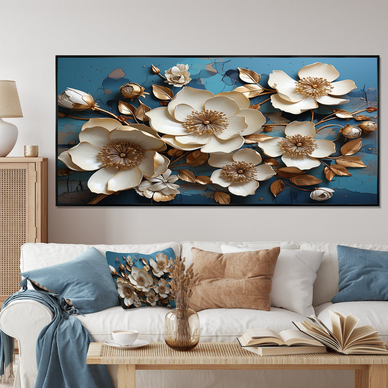 Orchidée dorée blanche et bleue, arbre II - Art mural floral abstrait, Cadre flottant noir, H 28 po x l 60 po x P 1,5 po