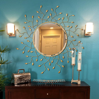 Grand miroir décoratif rond 47 po x 47 po, miroir mural de salon avec feuilles en métal, miroir mural doré avec cadre pour couloir, salle à manger, chambre à coucher