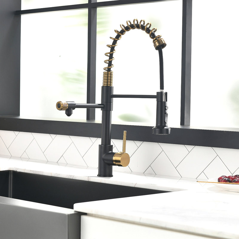 Robinet de cuisine de purificateur d'eau potable, robinet d'évier de cuisine rétractable , Noir + or