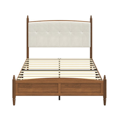 Wood Platform Bed with Upholstered Headboard and Footboard, Vintage Low Bed Frame with Under Bed Clearance No Box Spring Needed, Queen Size, Walnut Brown