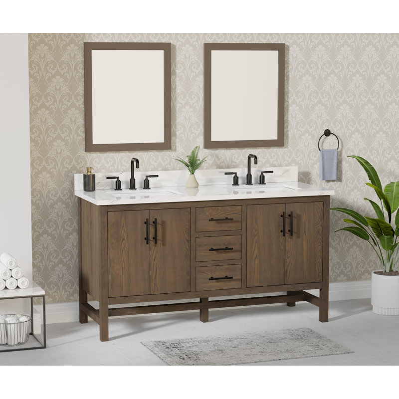 Meuble-lavabo double 60 po Solon avec comptoir en pierre frittée Calacatta, évier et dosseret, bois massif, pré-assemblé, 60"