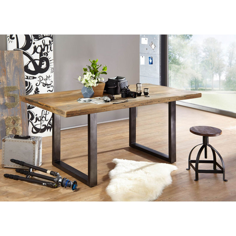 Railway Solid Wood Top Metal Base Dining Table, Ecru, H76 x L180 x W90cm