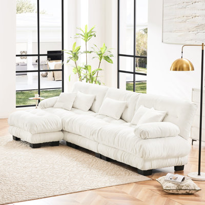 Luxury Modular Living Room - Oversized L Shaped Deep Seat Chenille White Couch Sectional