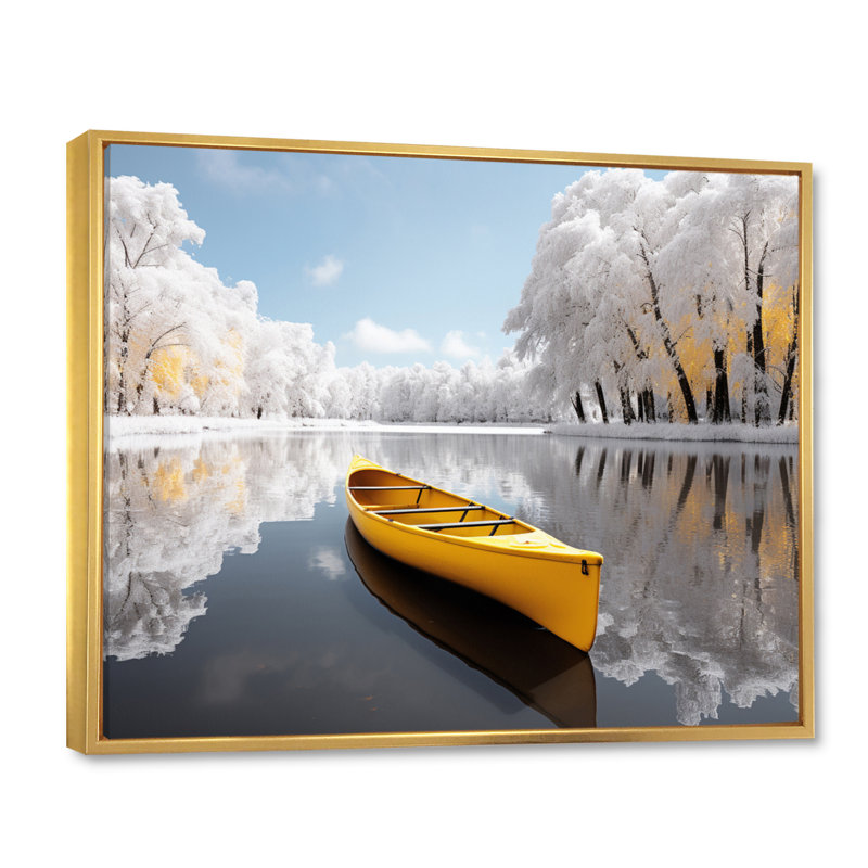 Jaune et gris Winter Lake II, reproduction d'art sur toile, H 24 po x l 32 po x P 1 po, Cadre flottant doré