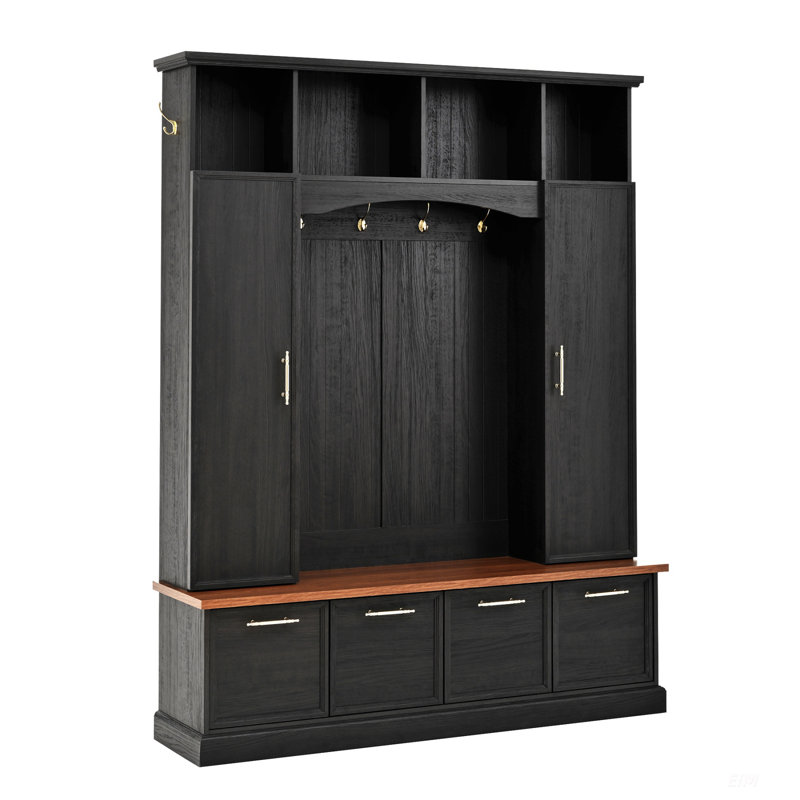 4-IN-1 Elegant 59 Inch Wide Hall Tree With Golden Hooks & Handles, Adjustable Shelves, And Walnut Bench For Entryway, Mudroom, Living Room