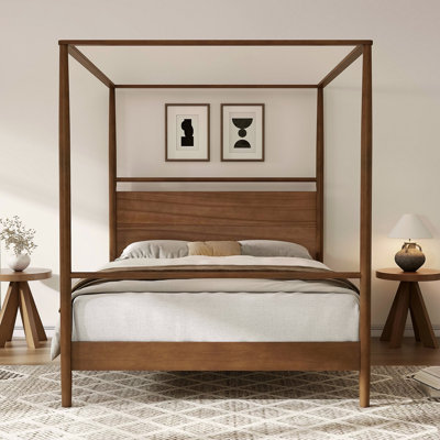 Solid Wood Canopy Bed Frame Four Posters Bed No Box Spring Needed,Full Size,Walnut