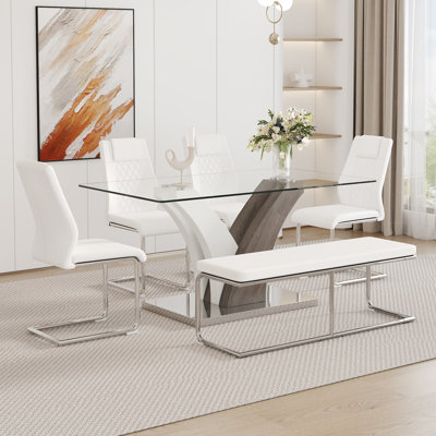 Ensemble de table de salle à manger moderne "x 35,4" avec plateau en verre trempé, pieds en MDF artistique, 4 chaises de pub blanches et un banc pour les salles à manger