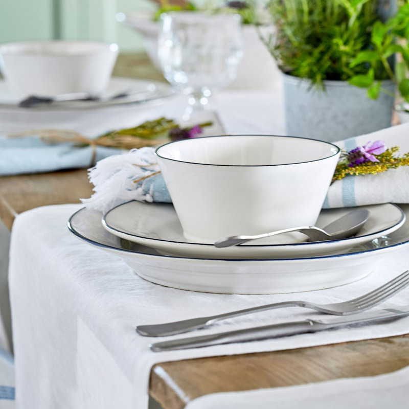Beja Handmade Stoneware Dining Bowl, White/Blue