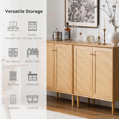 34.65"Tall Rattan 2 Door Accent Cabinet with Solid Wood Legs And Adjustable Shelves