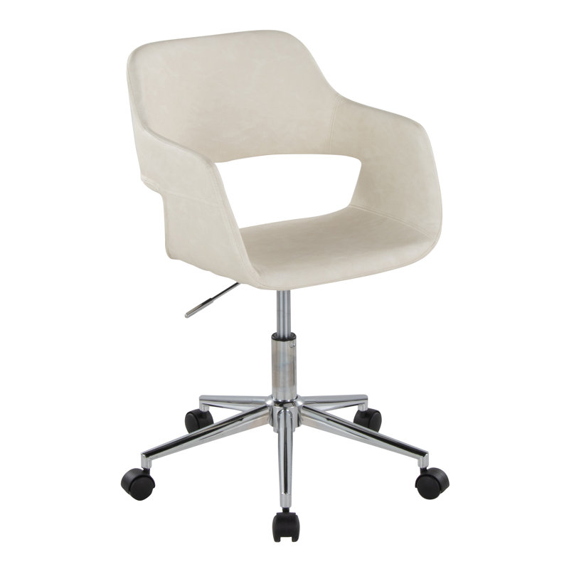 Chaise de bureau moderne à hauteur réglable, en métal chromé et similicuir crème, monobloc, avec base pivotante réglable et assise rembourrée.