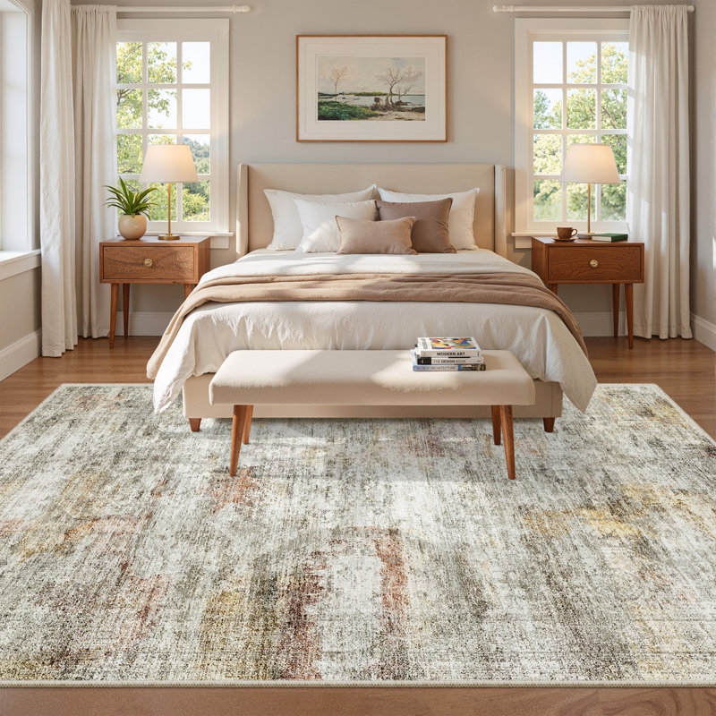 Tapis persan lavable délavé, Gris / rouille, Rectangle 5 pi x 7 pi