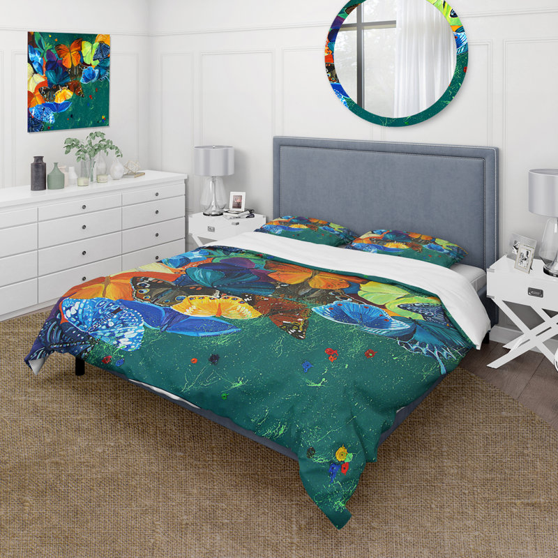 Color Butterflies On A Green - Ensemble de housse de couette moderne - Polyester microfibre