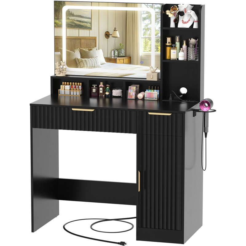  Bureau de maquillage avec miroir, lumières et station de charge, Noir