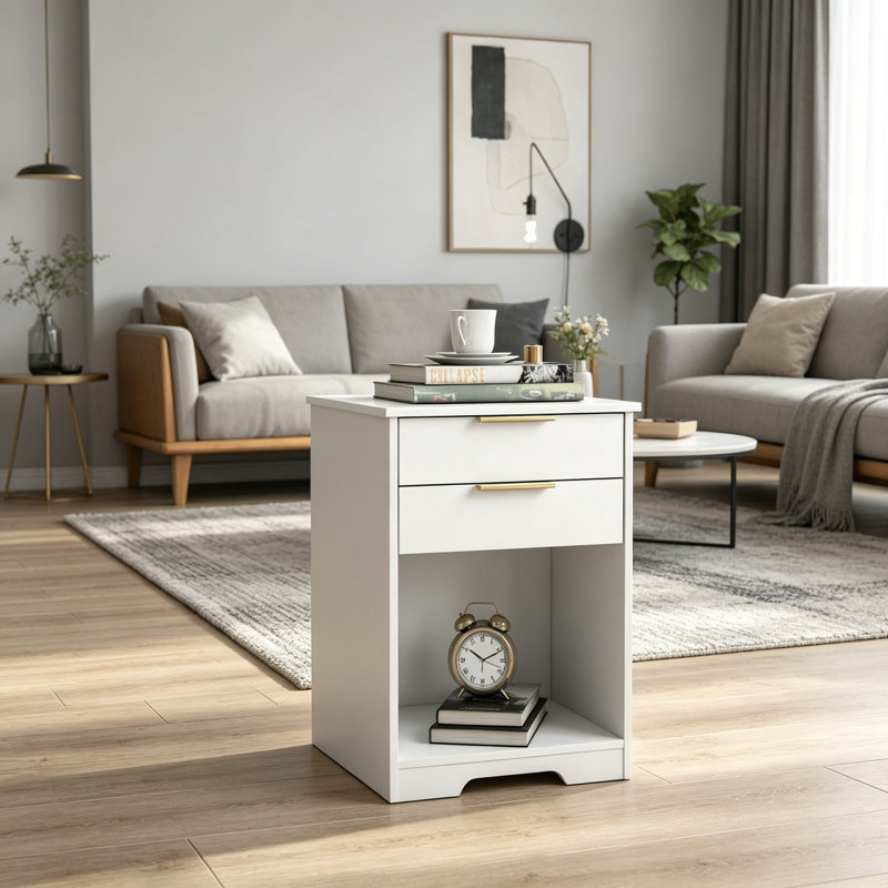 Table de chevet avec 2 tiroirs, table de bout, table de chevet avec espace ouvert, poignée dorée, design Morden, pour salon, chambre à coucher, assemblage facile