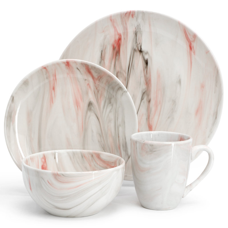 Wrought Studio™ Fine Marble 16 Piece Porcelain Dinnerware Set, Gray/Red