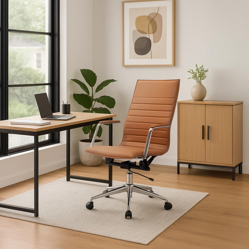 Modern High Back Office Desk Chair | Upholstered Ribbed PU Leather with Metal Frame | Adjustable Height, Tilt Lock | Computer Armchair for Home, Executive, Conference, Meetings
