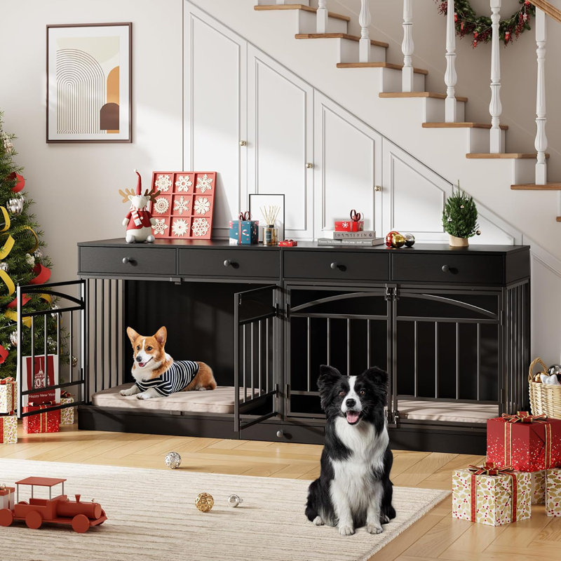 Meuble pour chien pour 2 chiens, chenil intérieur avec bols de rangement et d'alimentation, meuble télé double pour chien