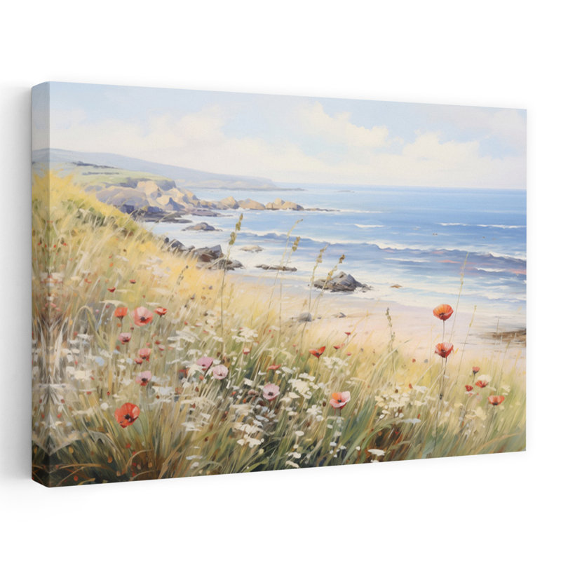 Coquelicots au bord de la mer, art contemporain de paysage côtier abstrait, H 40 po x l 60 po