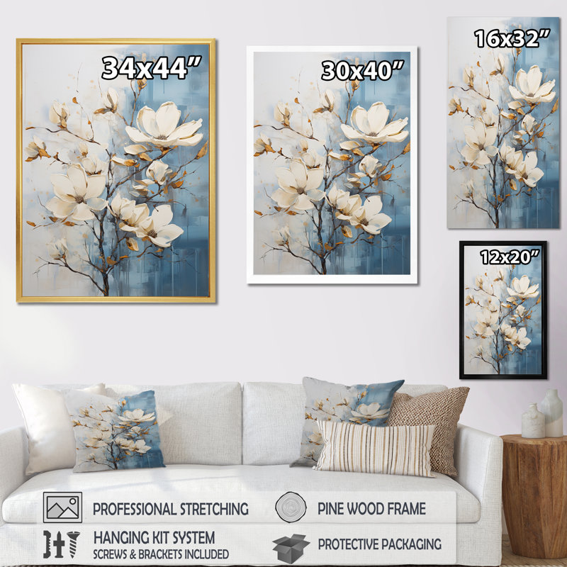 Bleu et bleu peint Magnolias IV - impression, Cadre flottant blanc, 20" H x 12" W