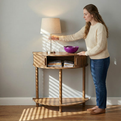 Half-Moon Console Table with Storage Shelf & Solid Wood Legs, Modern Entryway Sofa Table for Living Room Hallway