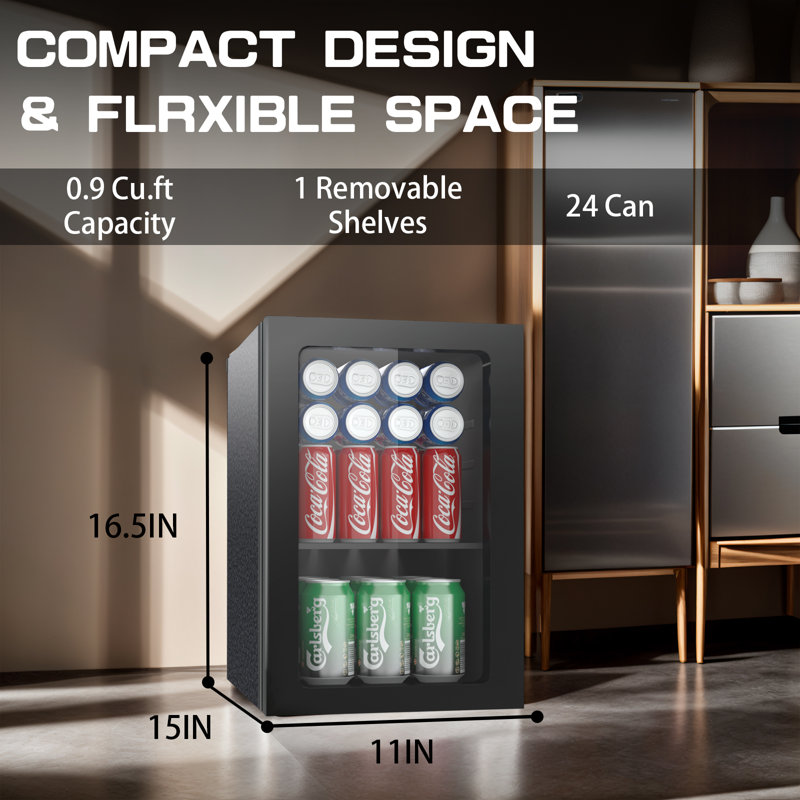 BackID 0.9 Cu.Ft 24 Can Beverage Refrigerator, Compact Mini Fridge with Temperature Control, Quiet Work, Clear Door, Adjustable Shelves
