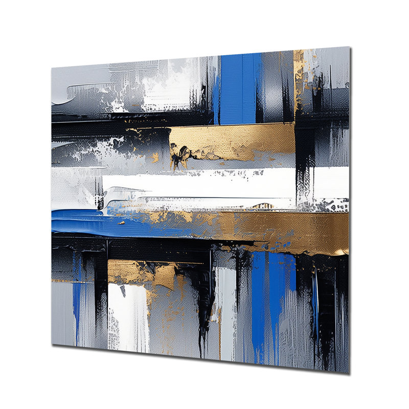 Peinture murale dorée et bleue Elegance II - Collages abstraits, art mural en métal, H 36 po x l 36 po