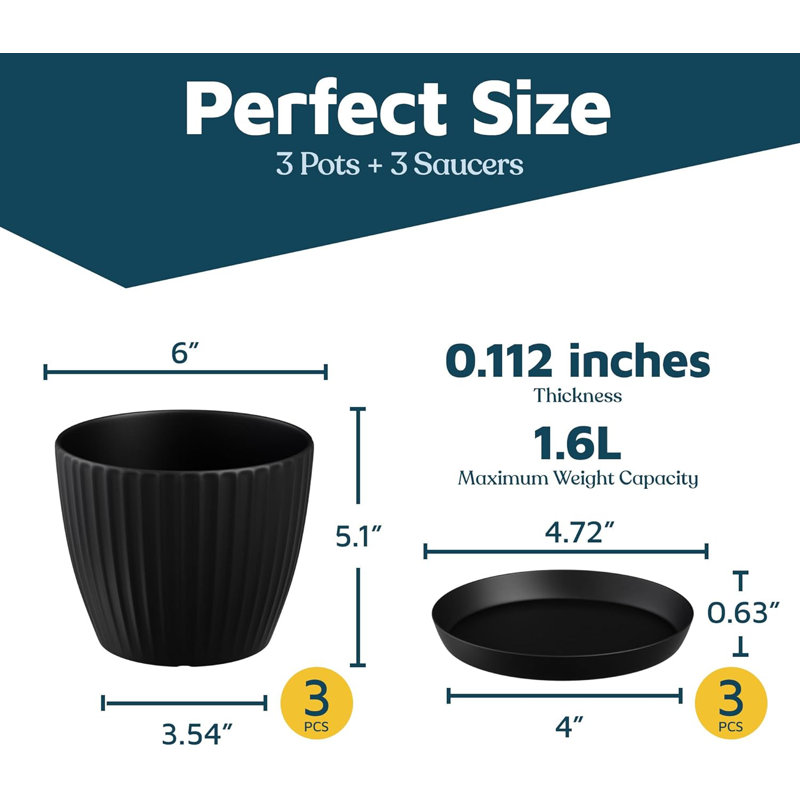 Plant Pots with Drainage & Saucers, Indoor & Outdoor Planters for Houseplants, Herbs, and Flowers, Durable & Weatherproof Material, Stackable, Lightweight, Minimalist Design, Pack of 3