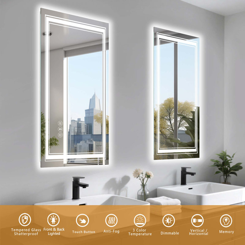Miroir de salle de bain sans cadre à DEL, miroir intelligent, Rectangulaire, Verticale, 28 po x 20 po