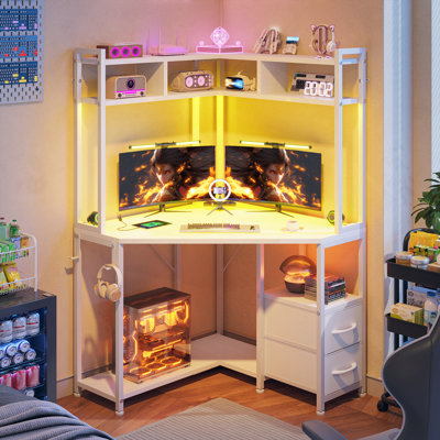 Space-Saving Corner Computer Gaming Desk with LED Lights, Power Outlets, and Shelves