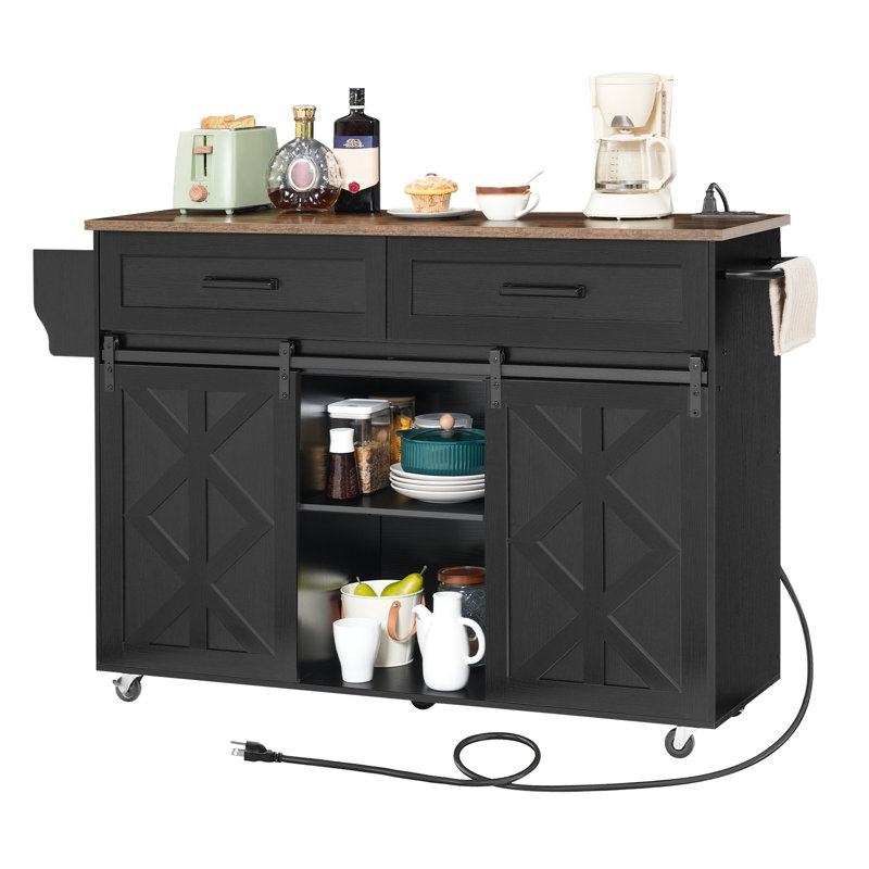 Kitchen Island With Storage And Power Outlet, Black