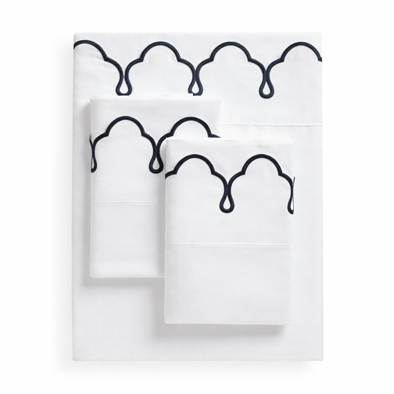 Scalloped 100% Cotton Standard Sheet Set, Queen Sheet Set, White Navy