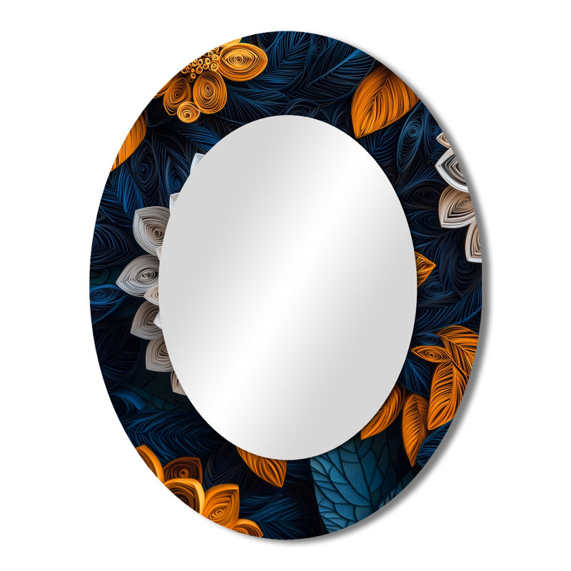 White Blue Floral Botanical Whirlwind III - White Oval Wall Mirror Decor, 43" x 33"