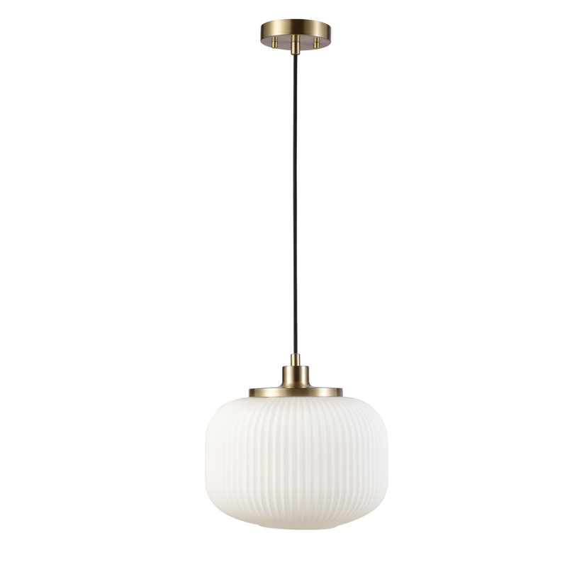 Luminaire suspendu 1 lumière en laiton mat avec abat-jour en verre nervuré givré