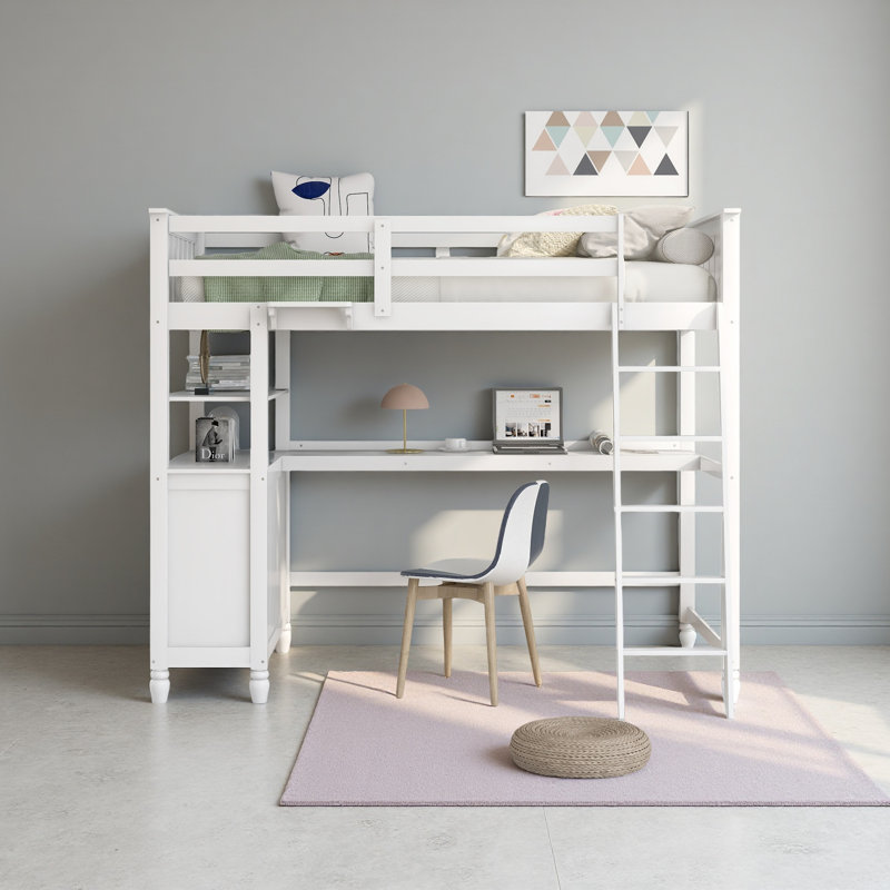 Lit mezzanine simple avec tiroirs et bureau, Blanc
