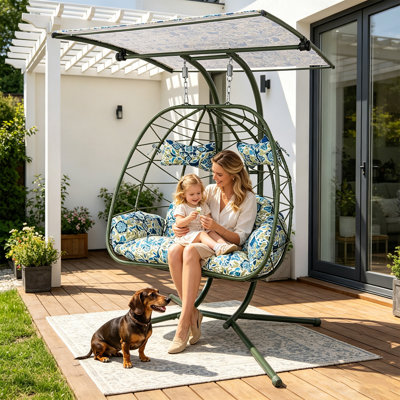 2-Person Wicker Hanging Egg Chair with Adjustable Canopy