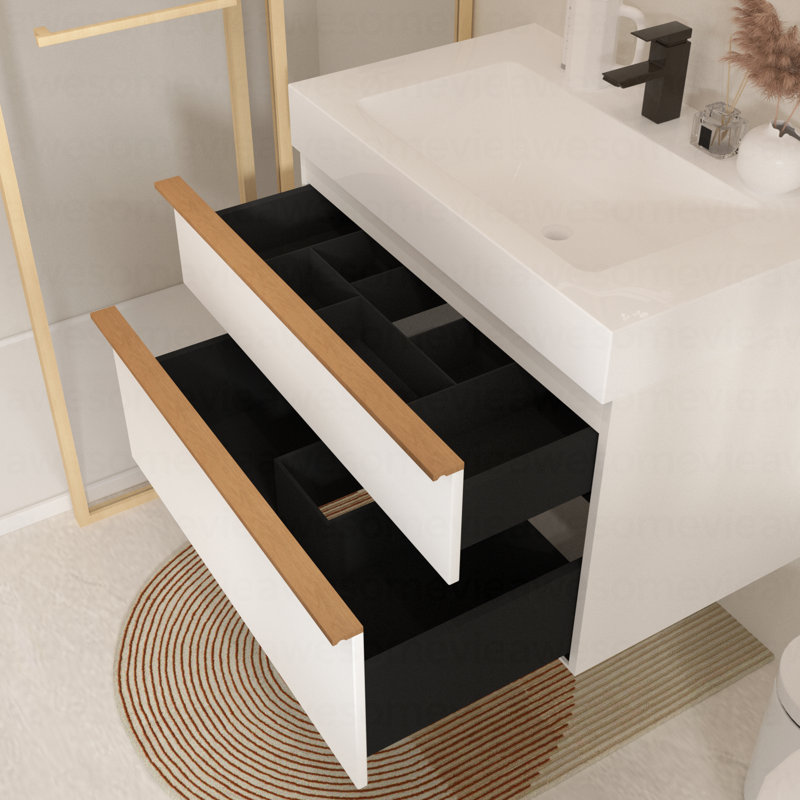 Meuble-lavabo mural blanc 36 po avec lavabo en acrylique intégré, 2 tiroirs à fermeture en douceur, armoire flottante moderne pré-assemblée