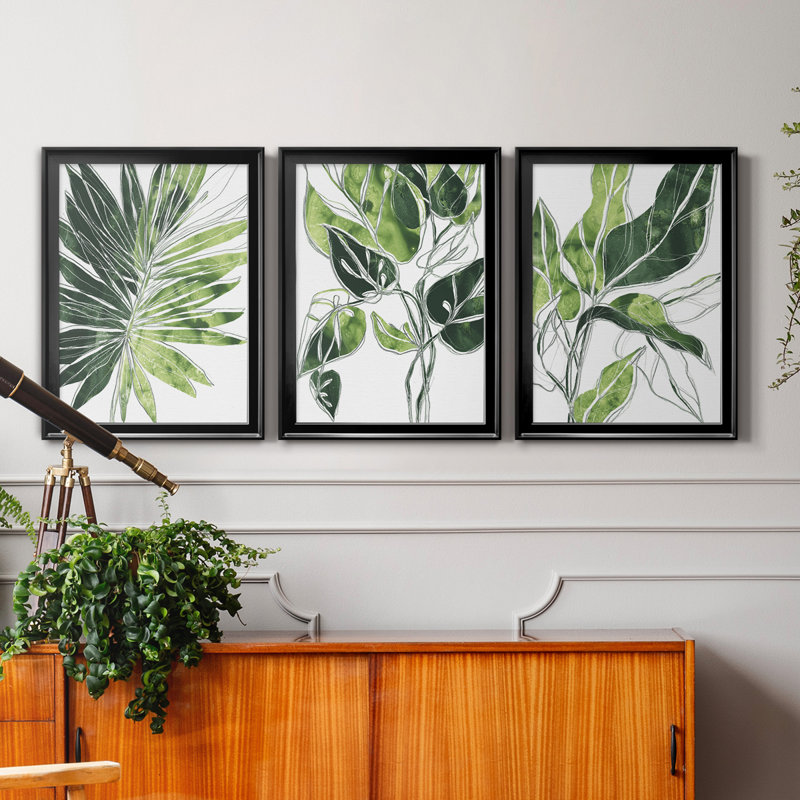 «Expressive Palm I», ensemble de 3 impressions sur toile encadrées, Toile avec cadre noir, H 18,5 po x l 73,5 po x P 1,5 po