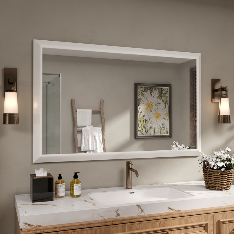 Molly Tempered Glass Metal Beveled Framed Wall Mounted Vanity Rectangular Mirror, 48" x 30", White