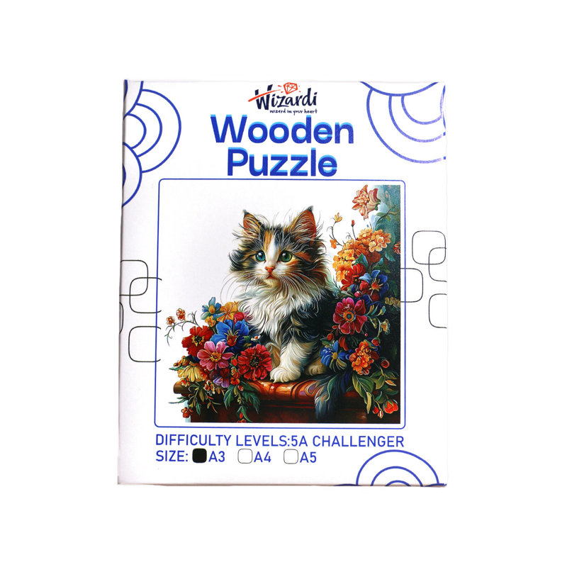 Chat avec fleurs - puzzle en bois par Wizardi F07N9-15
