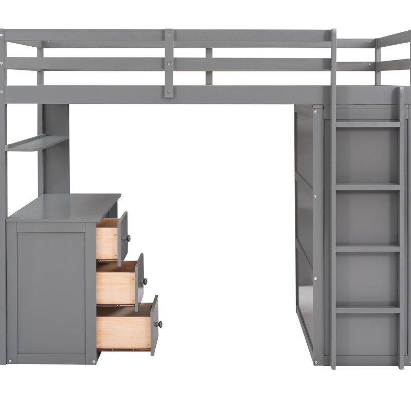 Lit mezzanine simple gris avec tiroirs de rangement, bureau et garde-robe. Bois massif. Faites de votre espace. Aucune boîte de tiroir de fondation, étude de la construction en bois pour plus de stabilité. Maximiser le sommier tapissier de la chambre à coucher